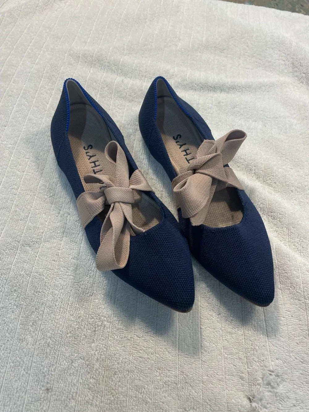 Rothys Sapphire Blue Pink Point Toe Mary Jane Knit Bow Ballet Flats Size 6.5